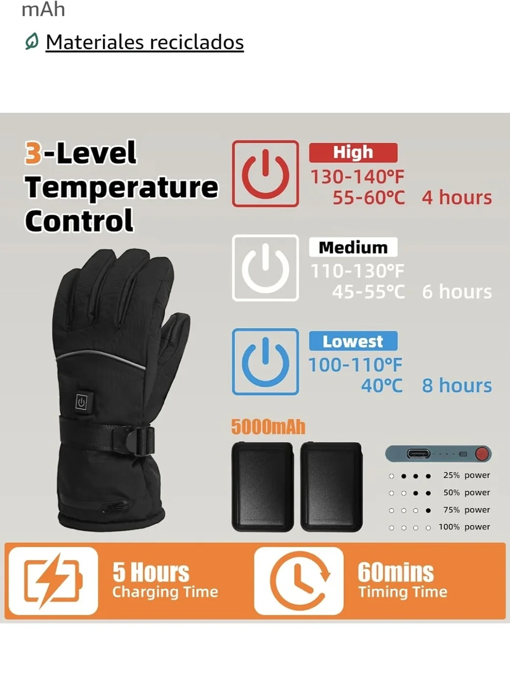 Heated Winter Gloves with Temperature Control - Black, Size L